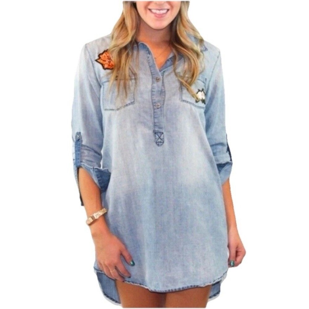 Chelsea & Violet Denim Dress Western Casual Patch Roll Tab Sleeve XL